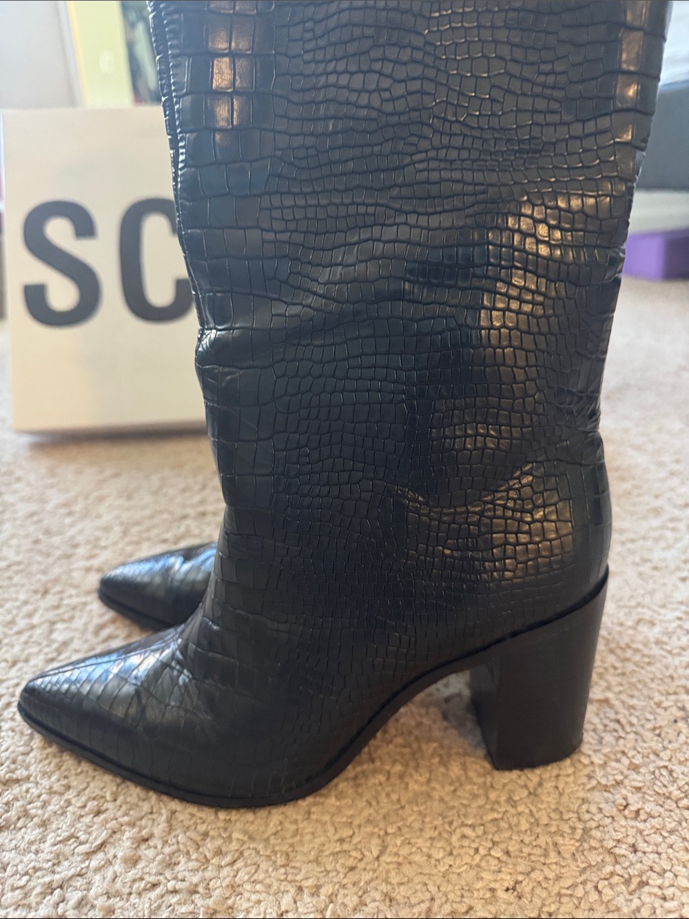 SCHUTZ Black Croc-Embossed Knee-High Boots - Picture 6 of 10